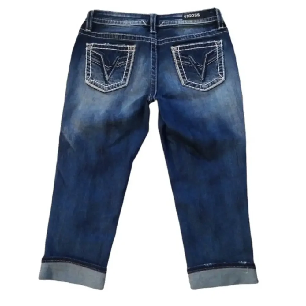 Vigoss Chelsea Heritage Fit‎ Embroidered Distressed Denim Capris Sz. 3/4